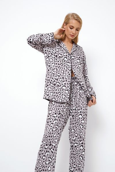 Женская серая пижама с леопардовым принтом рубашка и брюки Aruelle Valencia pajama long grey XS Valencia pajama long фото